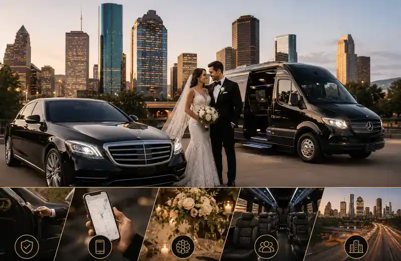 Houston wedding transportation trends featuring luxury black car service, executive sprinter van, and modern chauffeur-driven wedding travel